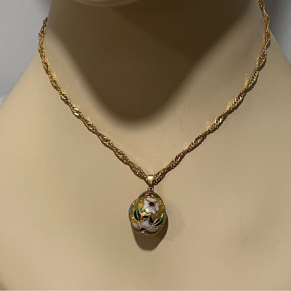 Vintage Cloisonne Gold Plated Caged Floral Design Necklace - Picture 10 of 13